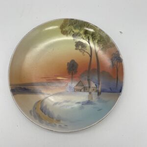 Vintage Nippon Hand Painted Scenic Snow Lake Tree 6.5” Decor Plate
